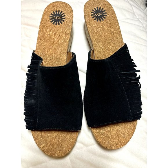 UGG‎ Australia Danes Peep Toe Suede Fringe Jute Wedge Size 10 - Picture 1 of 5